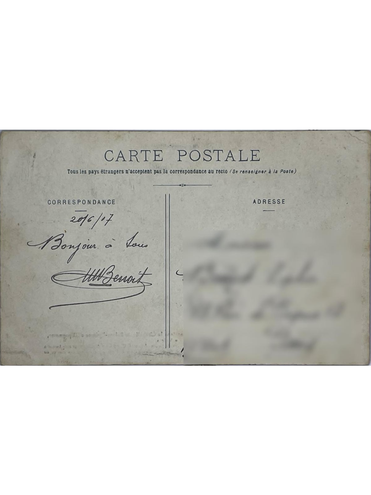 Verso de la carte postale