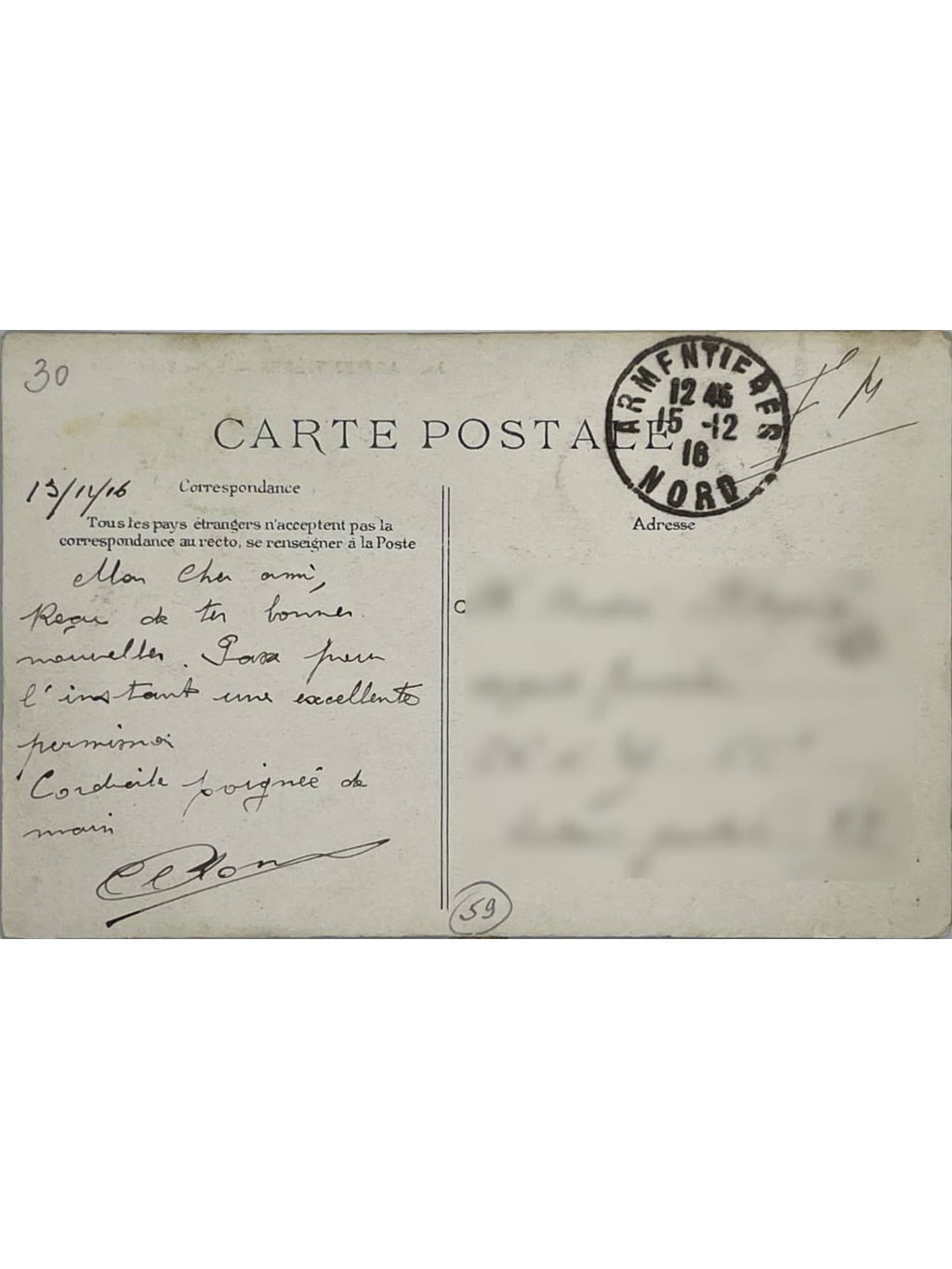 Verso de la carte postale