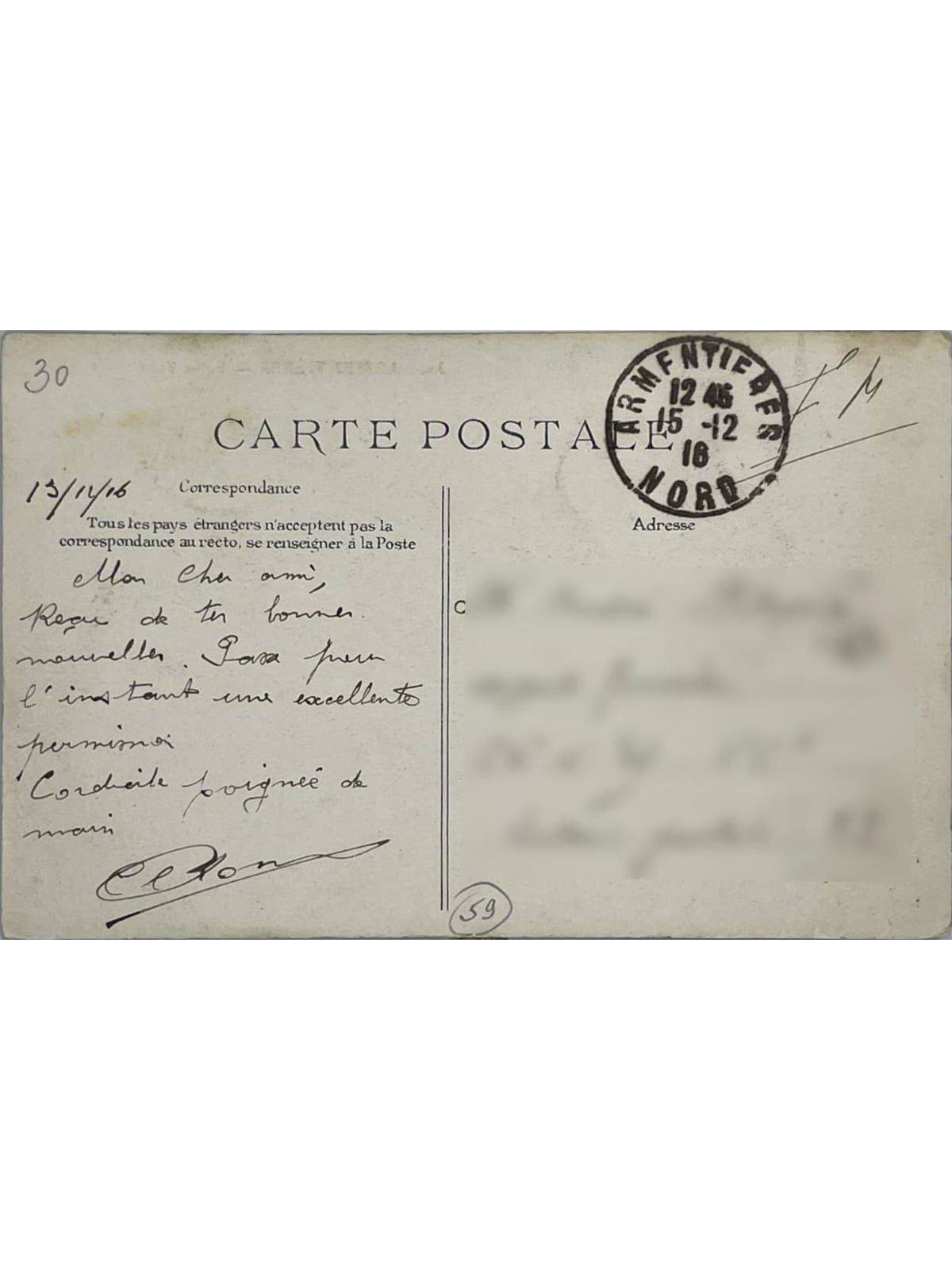 Verso de la carte postale