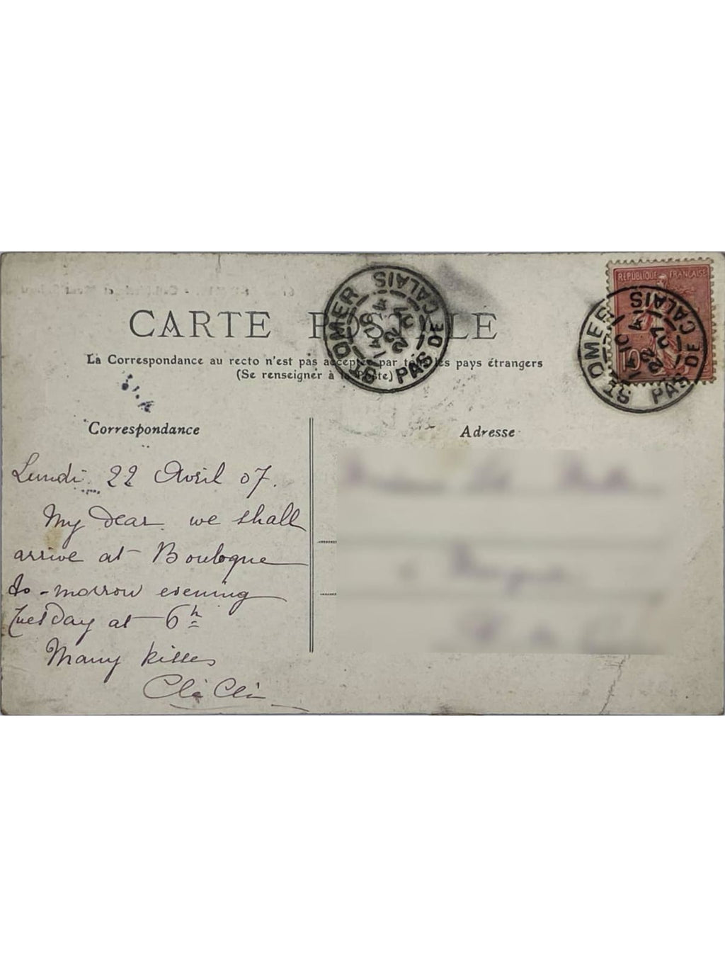 Verso de la carte postale