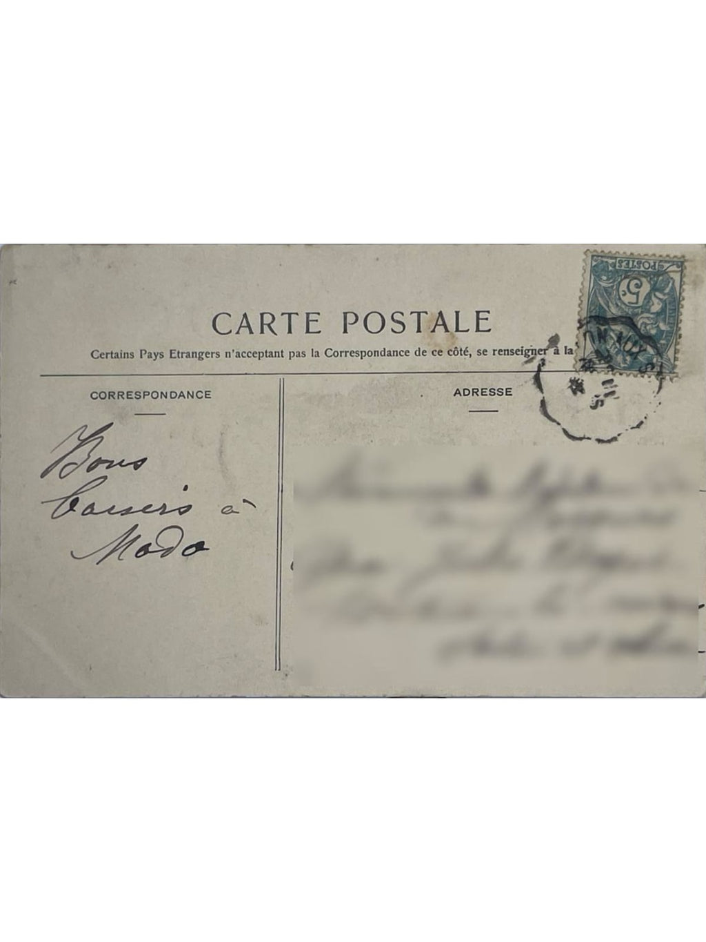 Verso de la carte postale