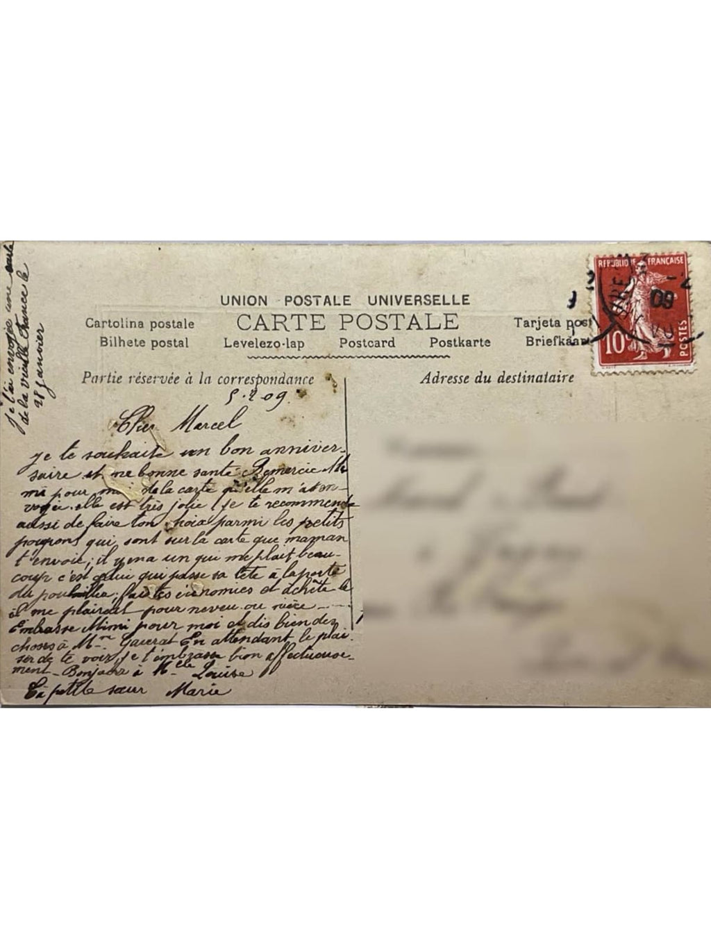 Verso de la carte postale