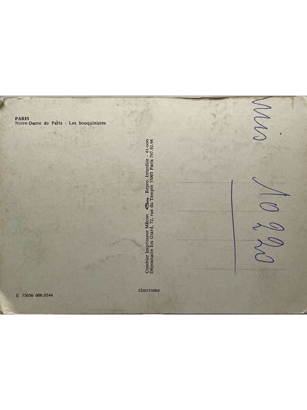 Verso de la carte postale
