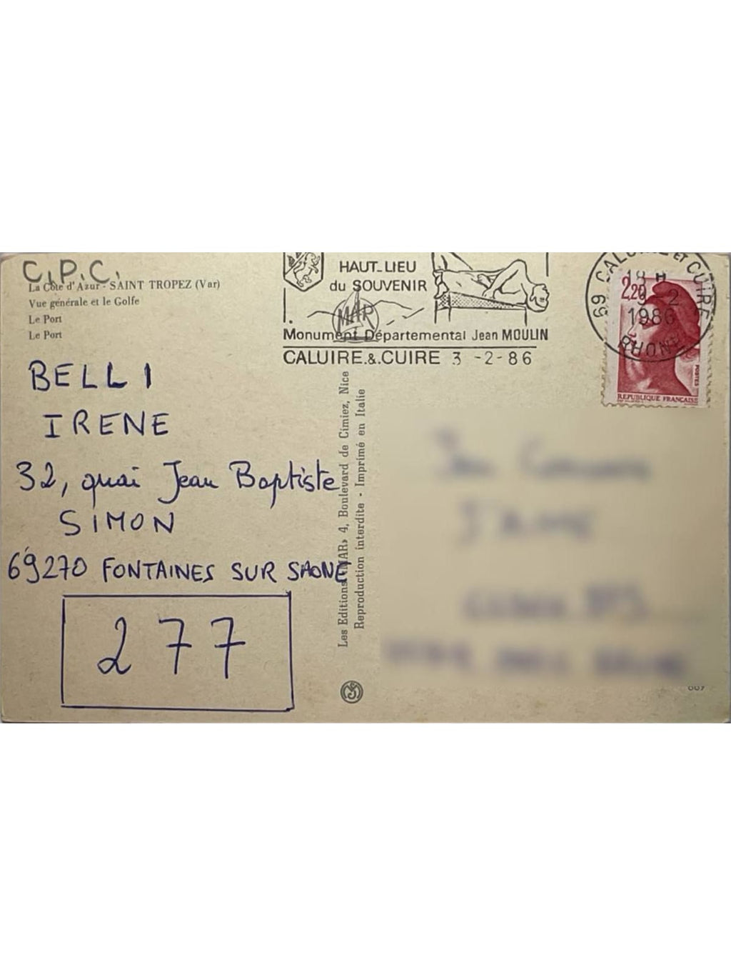 Verso de la carte postale