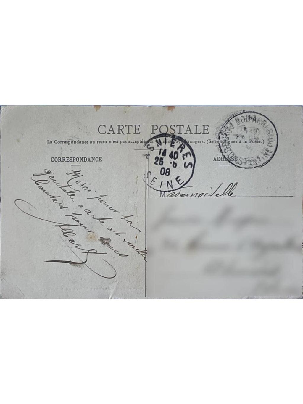 Verso de la carte postale