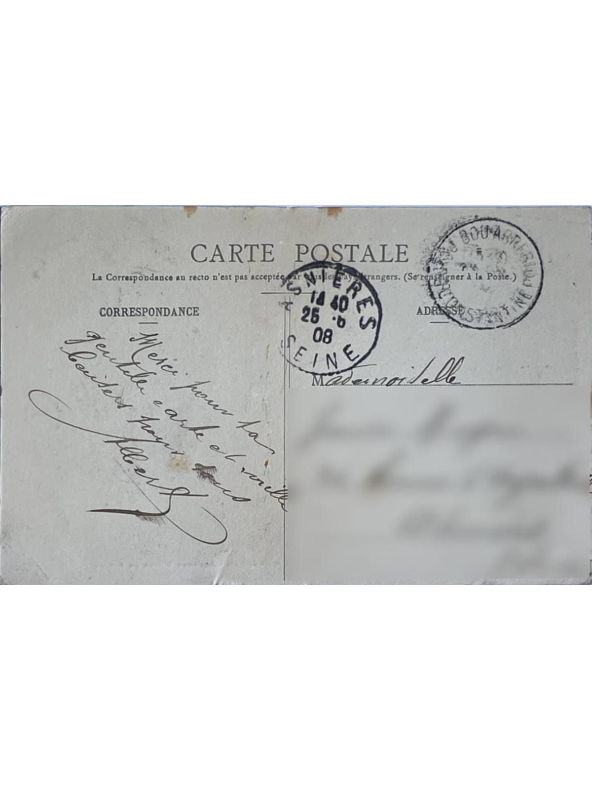 Verso de la carte postale