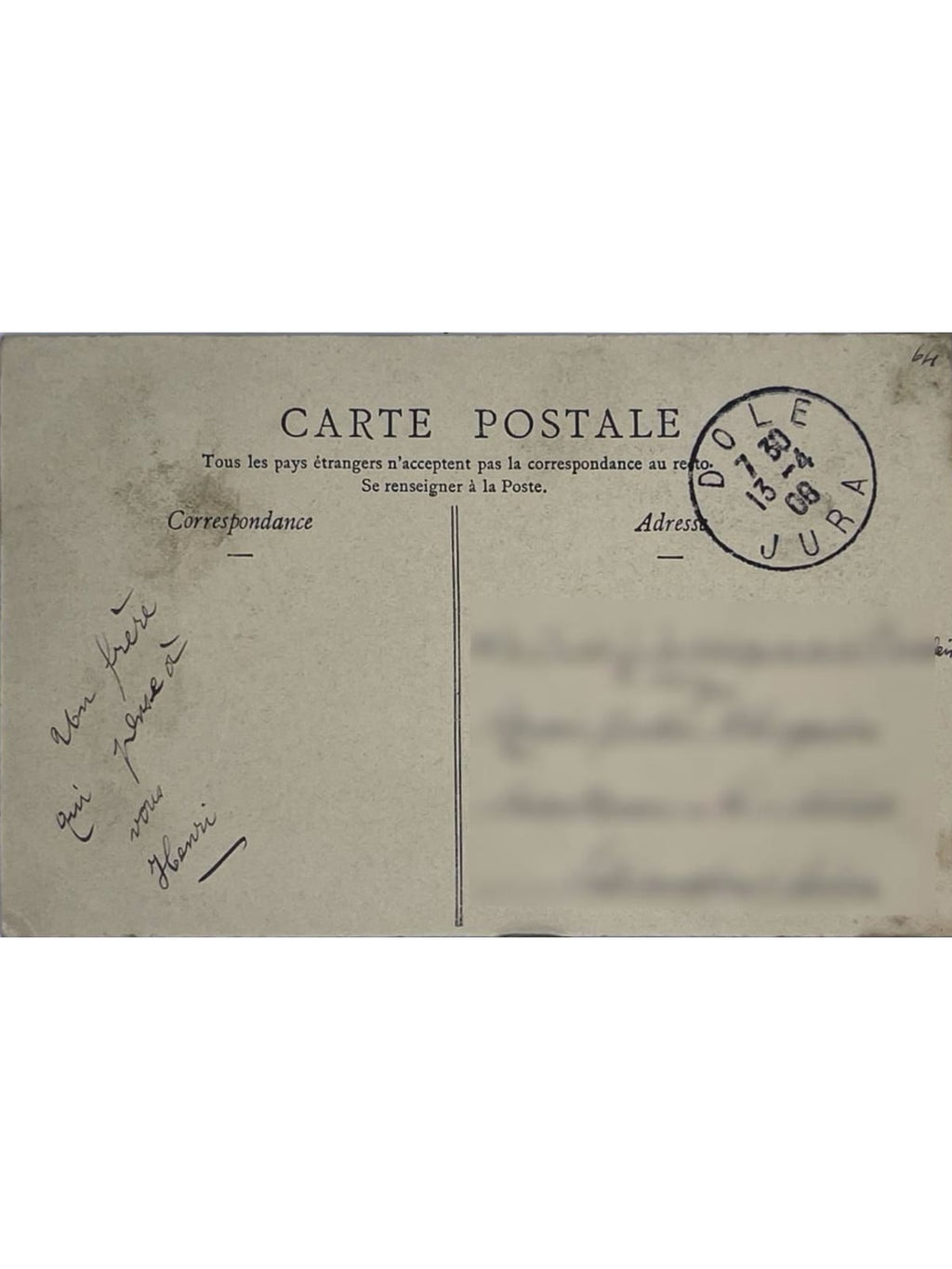 Verso de la carte postale