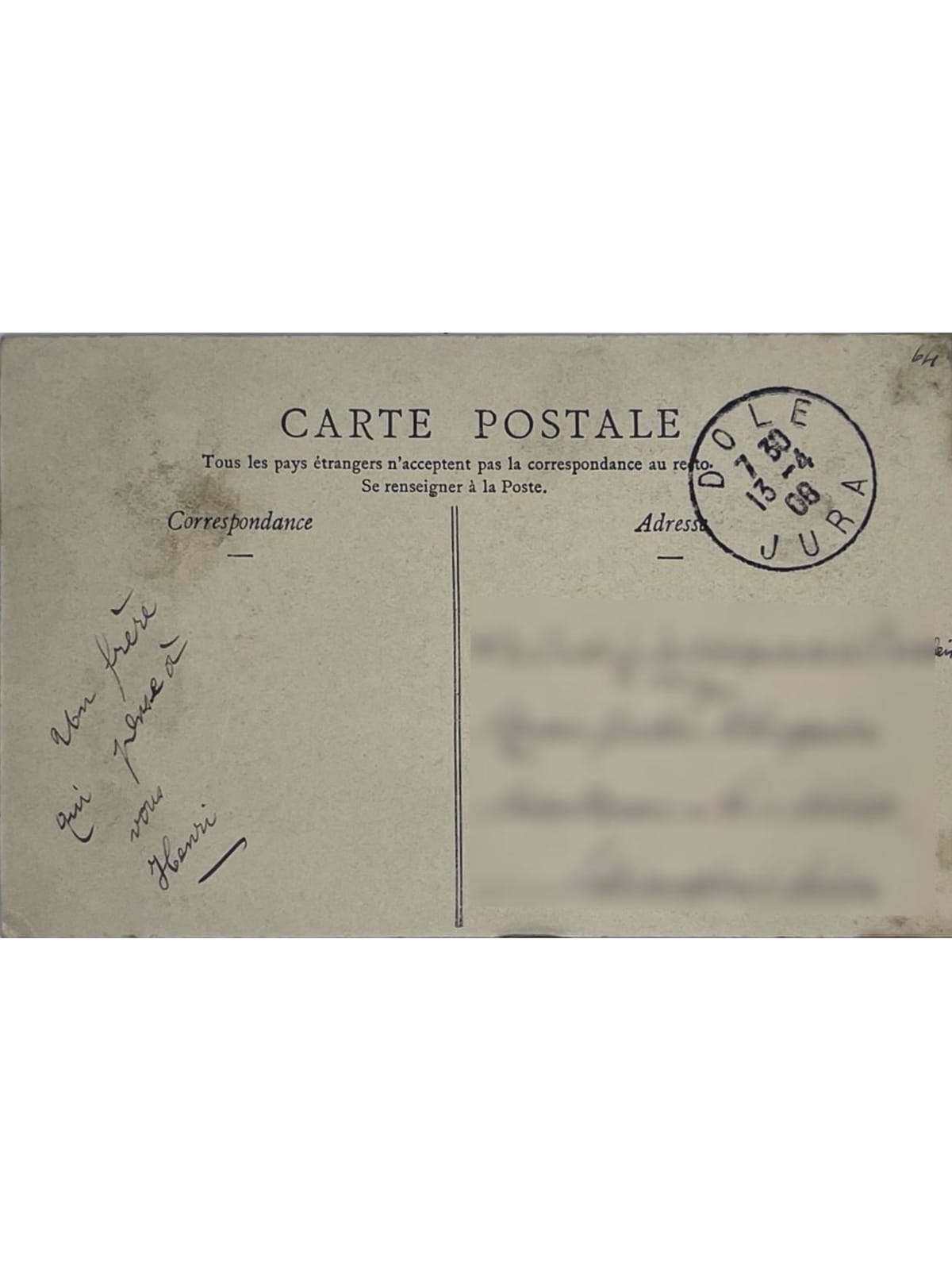 Verso de la carte postale