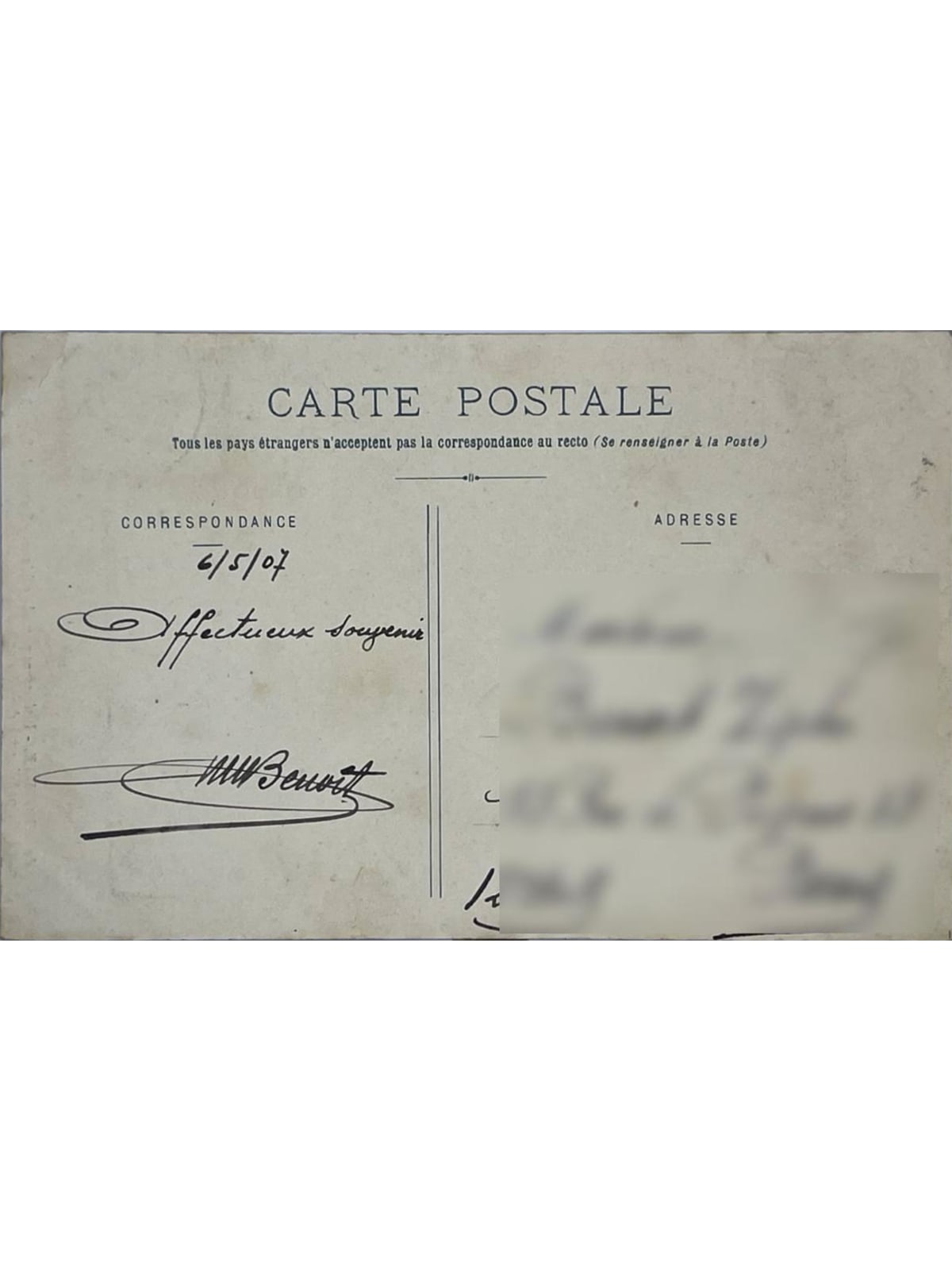 Verso de la carte postale