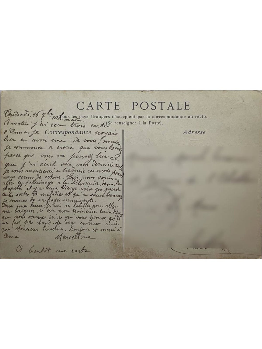 Verso de la carte postale
