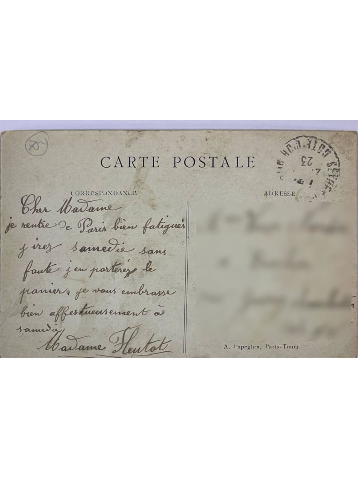 Verso de la carte postale