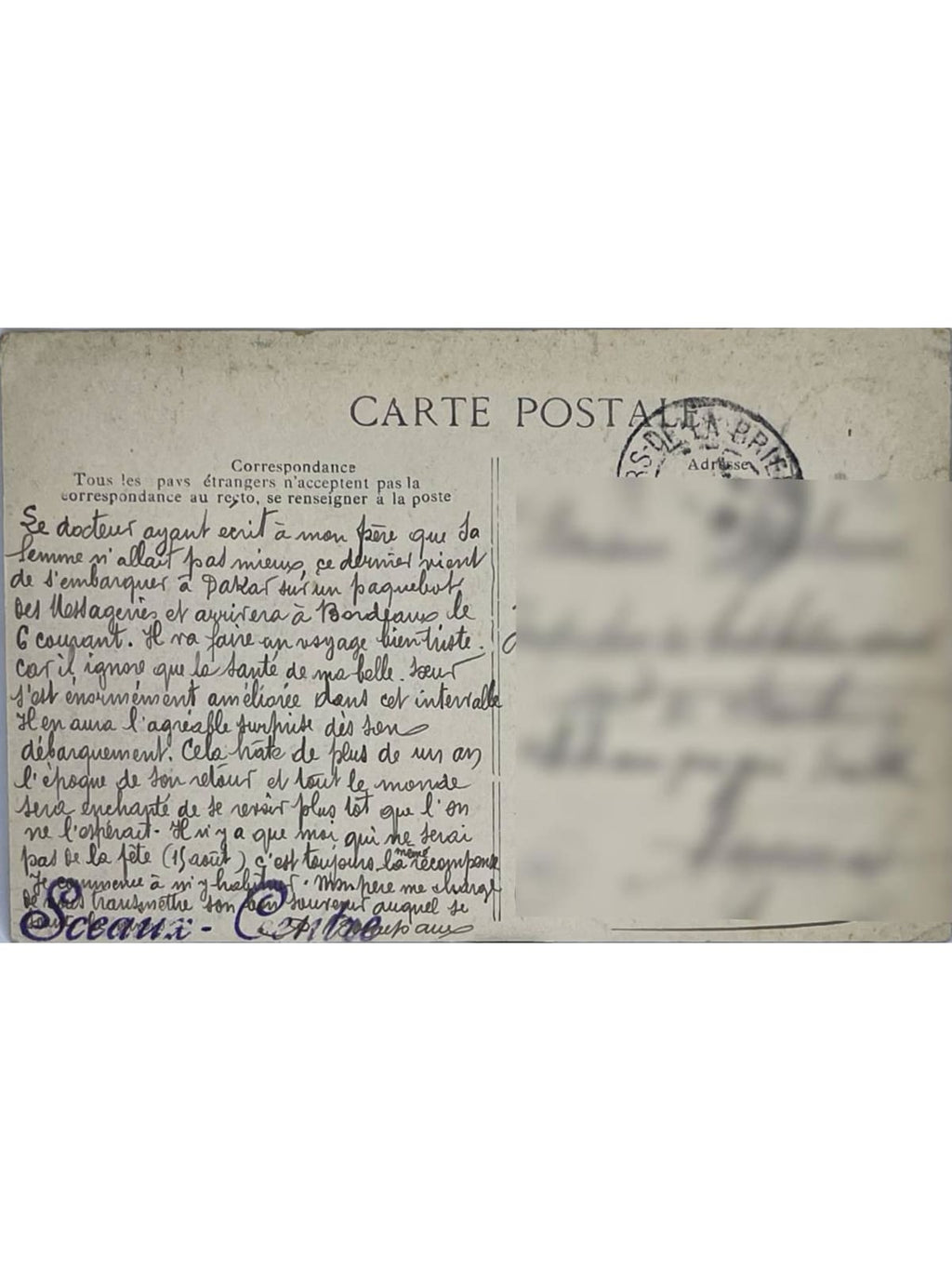 Verso de la carte postale
