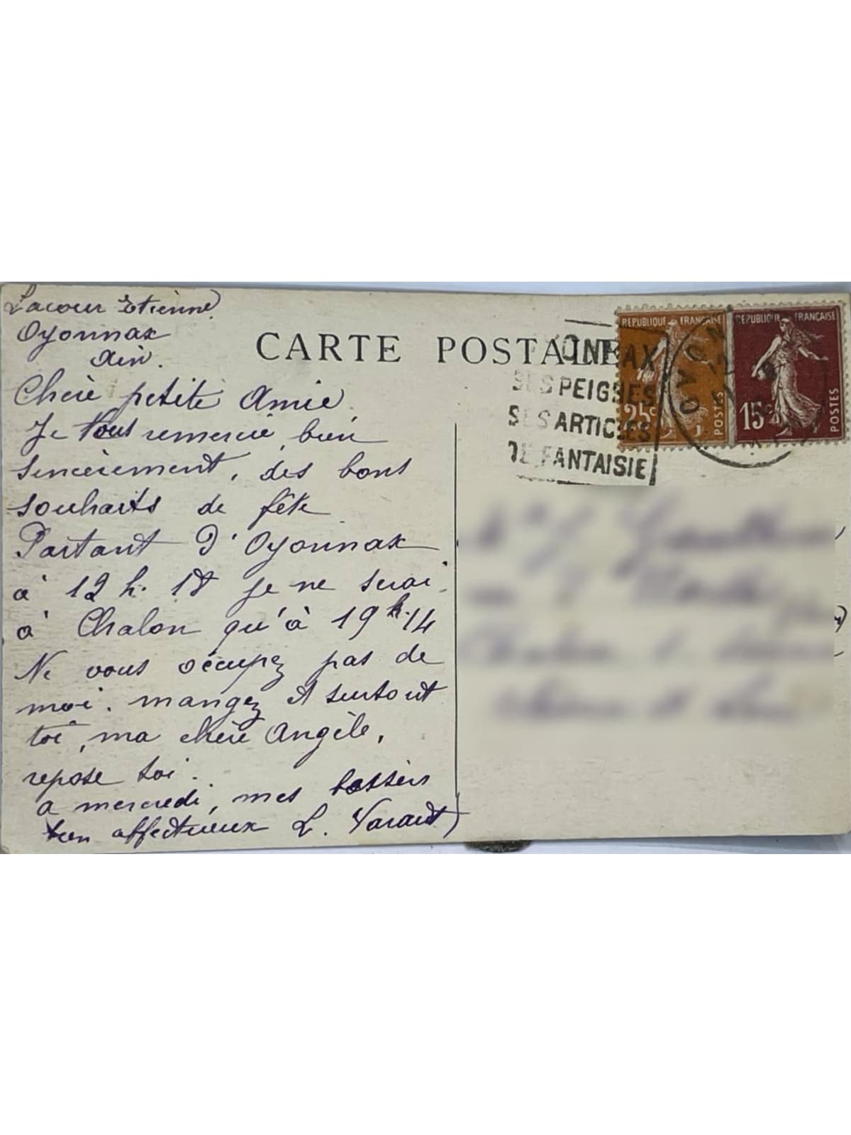 Verso de la carte postale