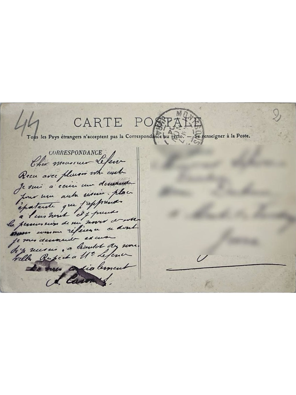 Verso de la carte postale