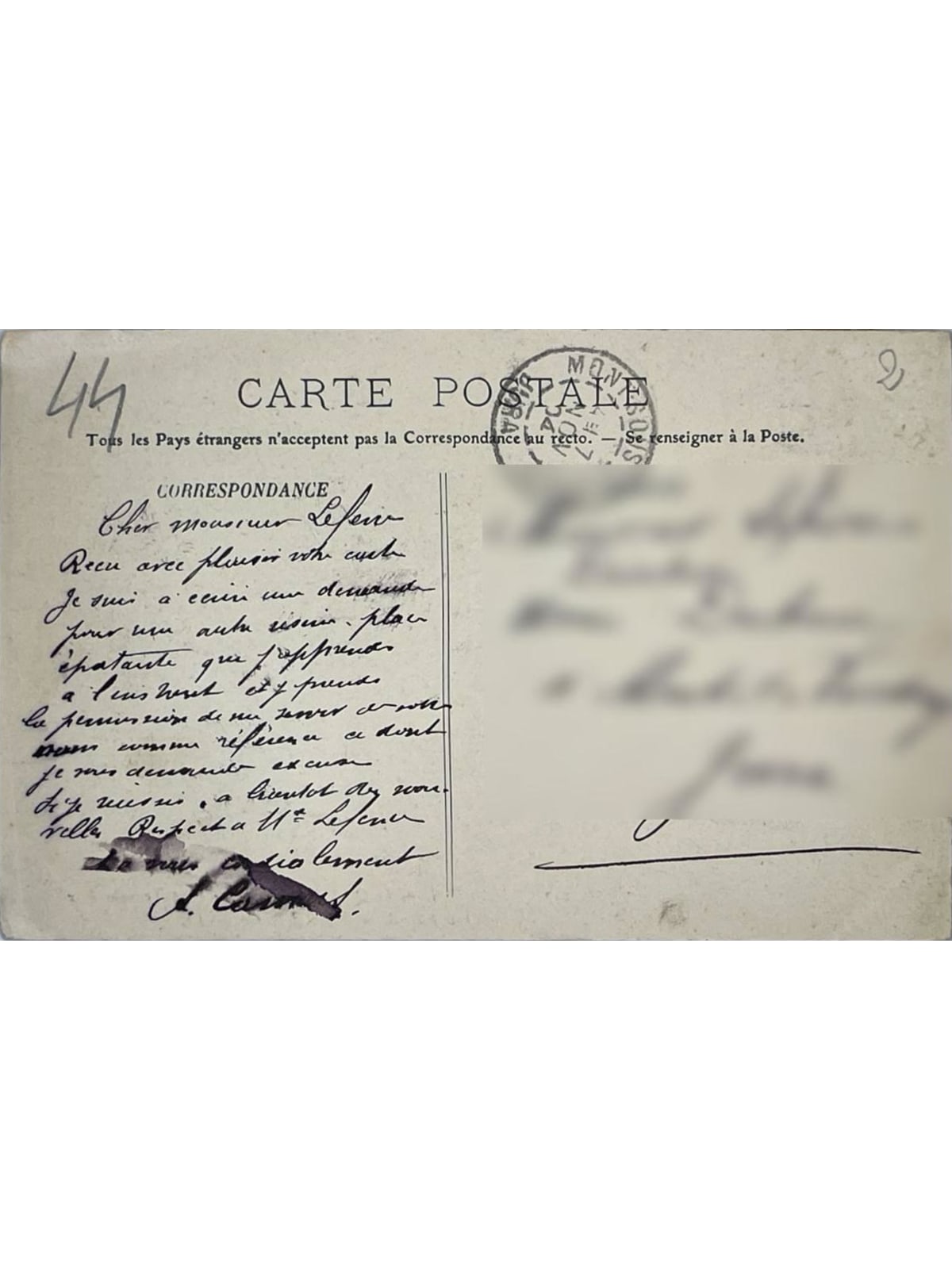 Verso de la carte postale