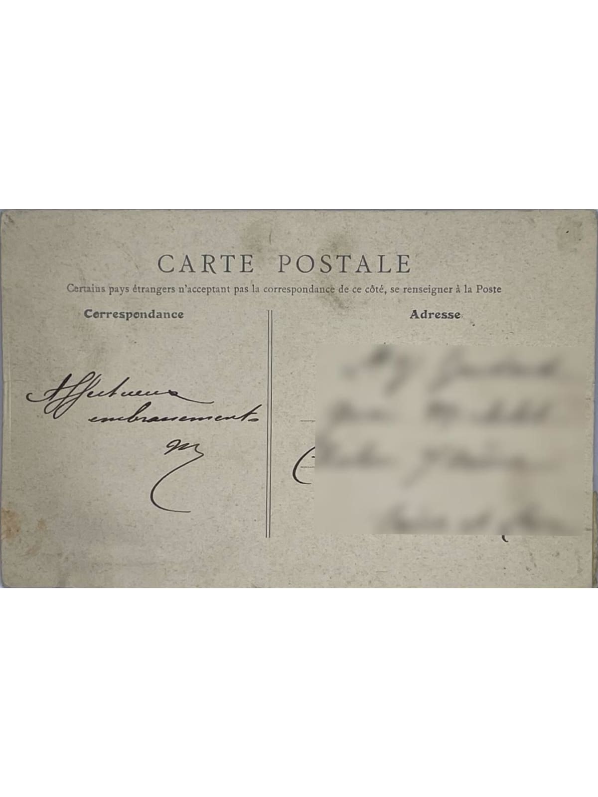 Verso de la carte postale