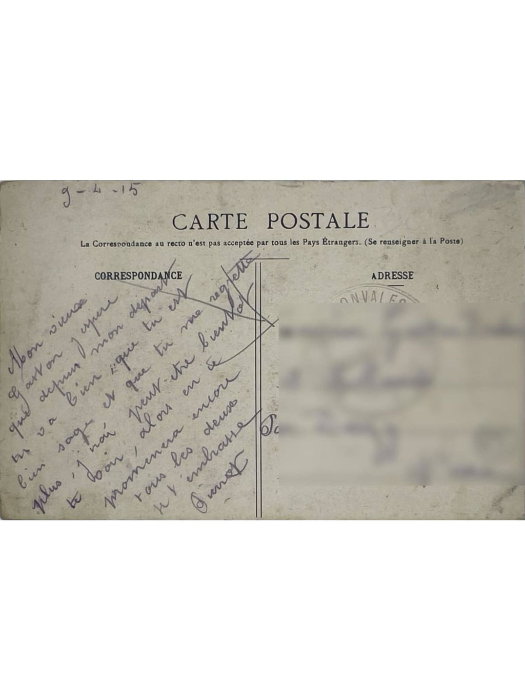 Verso de la carte postale