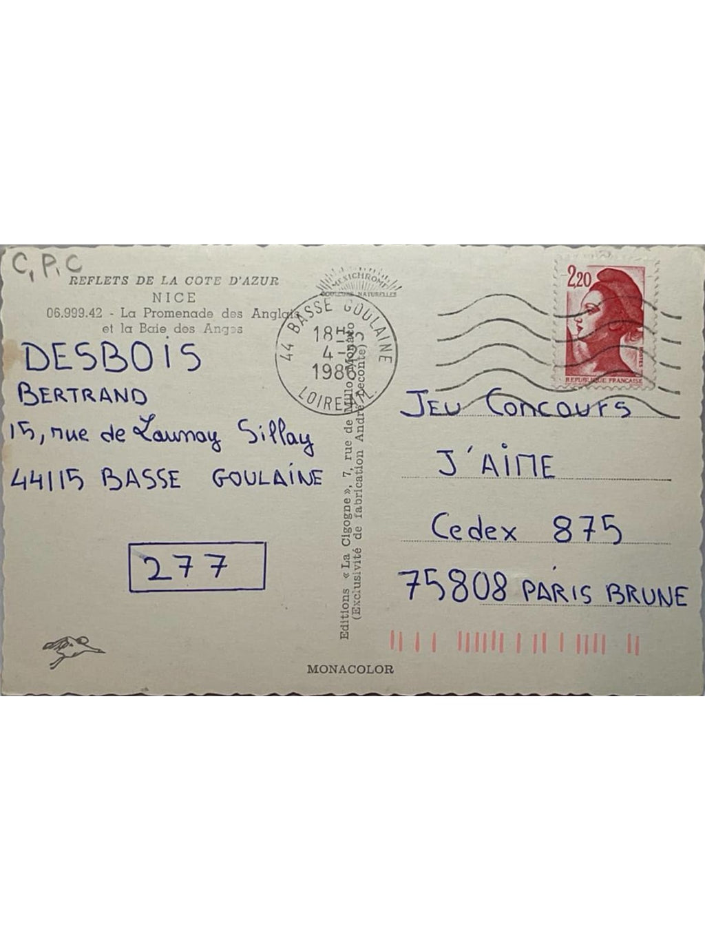 Verso de la carte postale