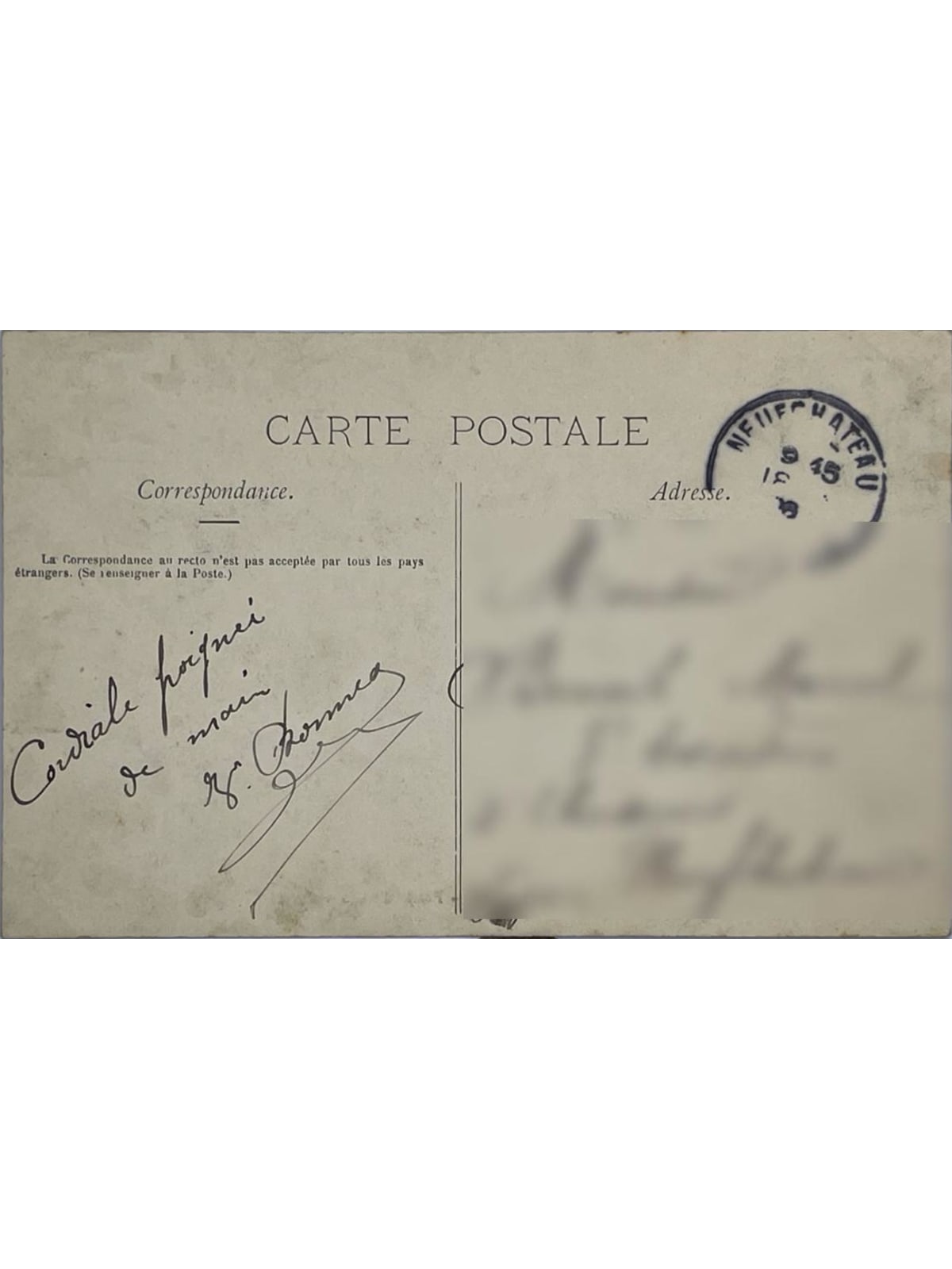 Verso de la carte postale