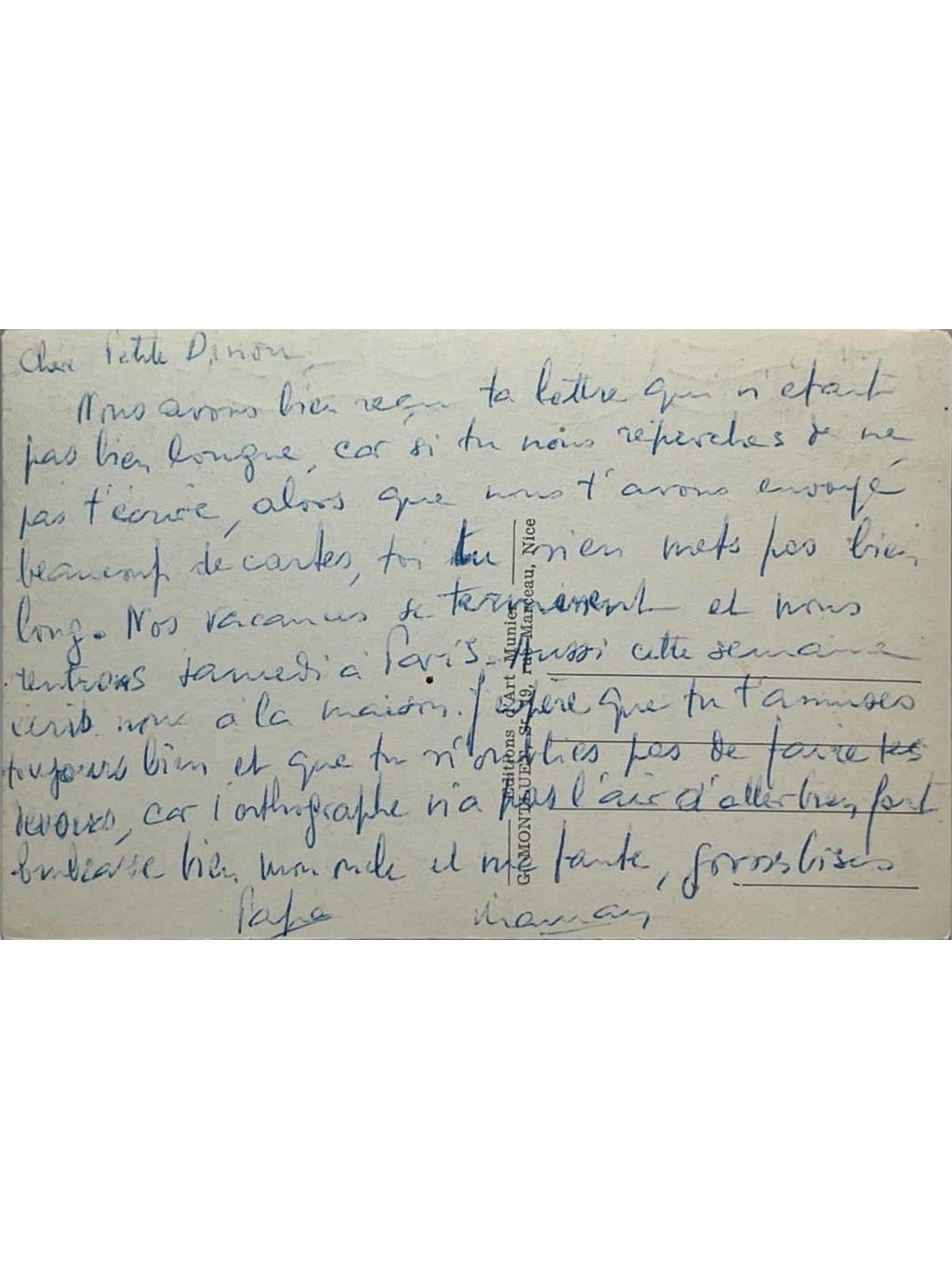 Verso de la carte postale