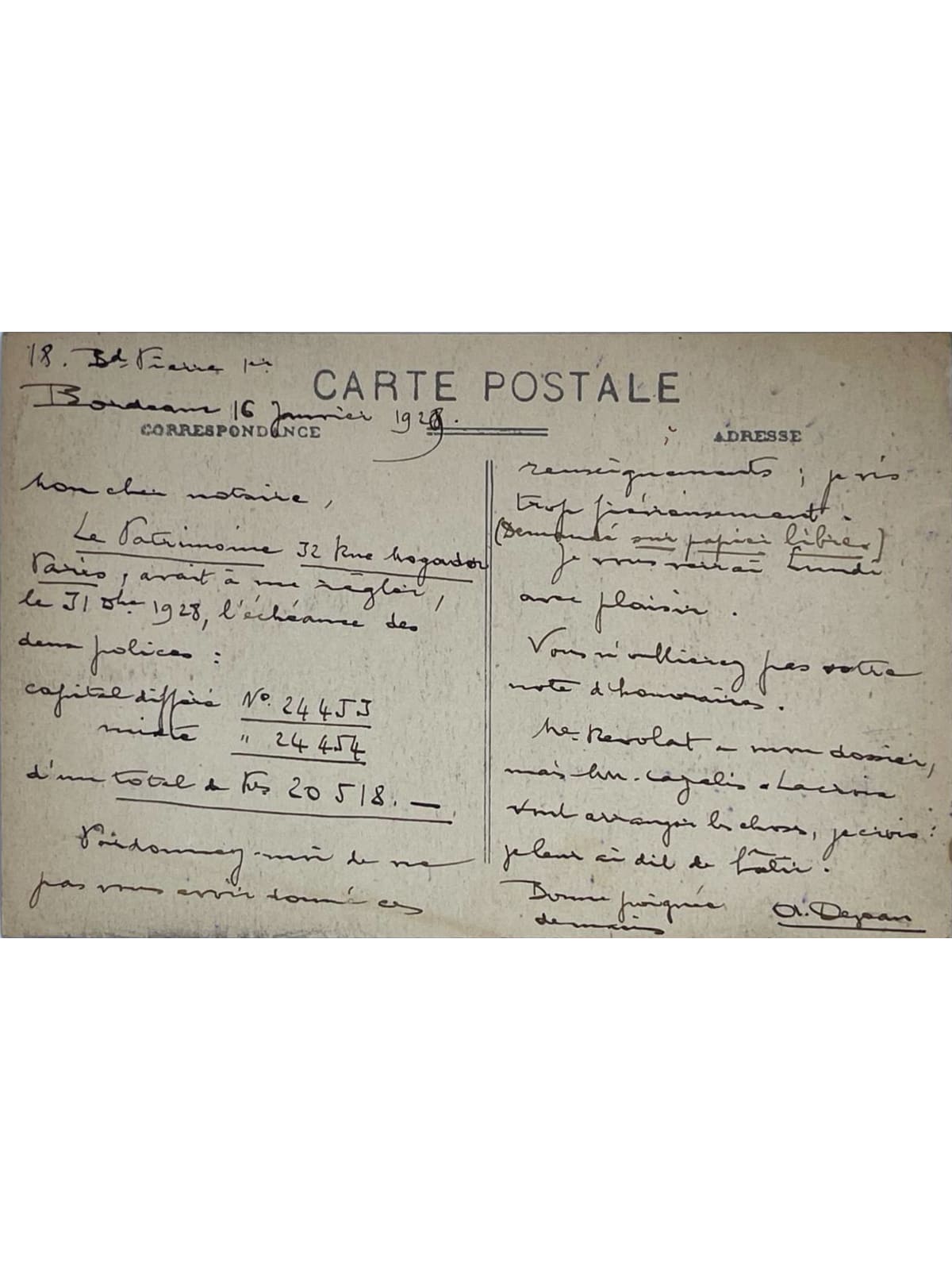 Verso de la carte postale