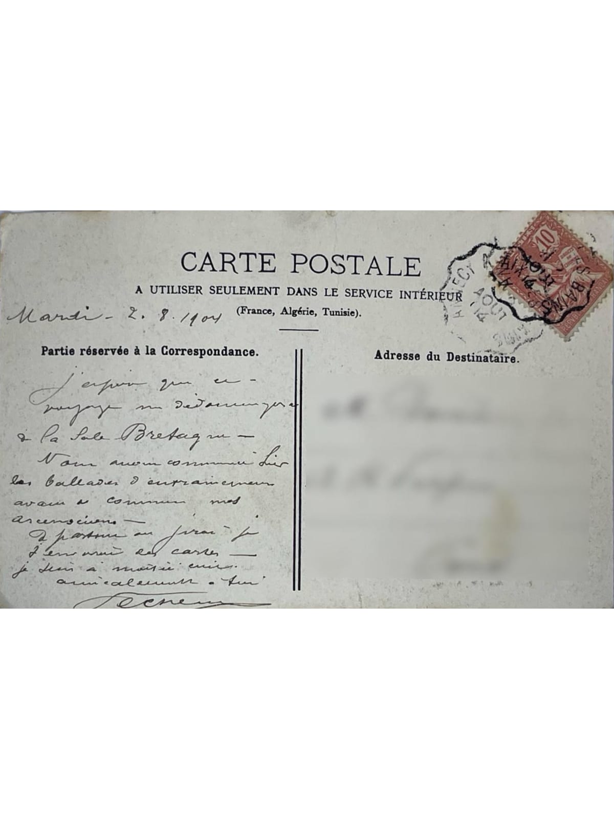 Verso de la carte postale