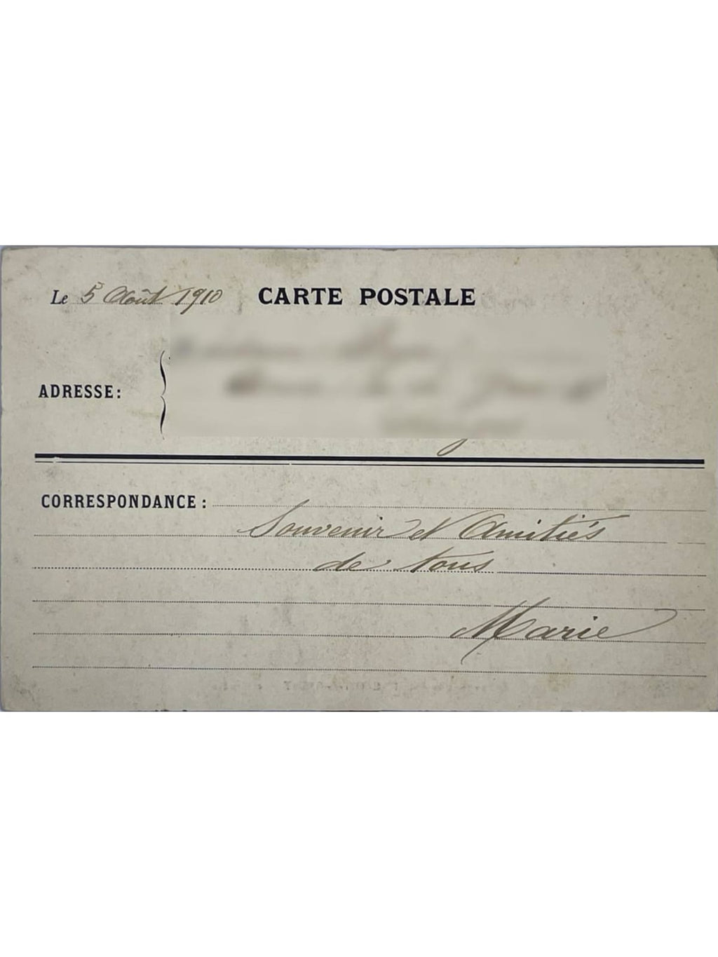 Verso de la carte postale