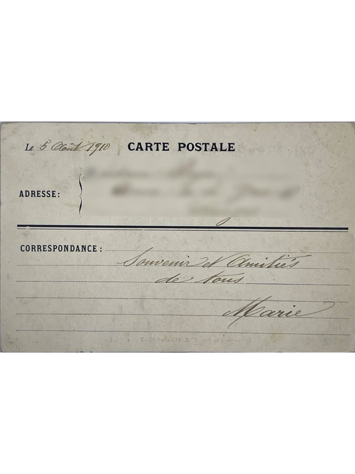 Verso de la carte postale