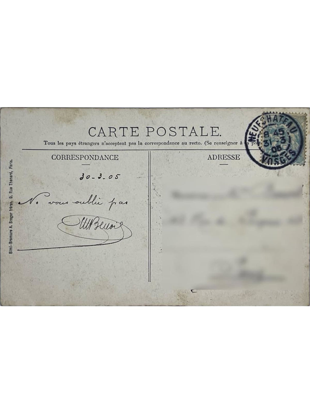 Verso de la carte postale