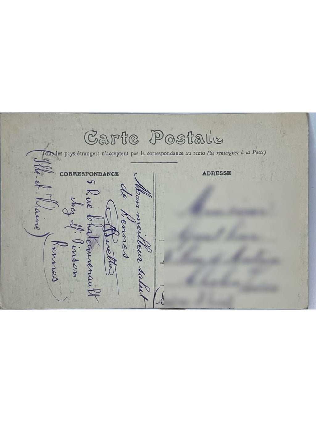 Verso de la carte postale