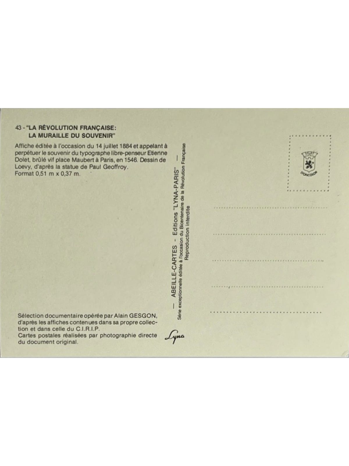 Verso de la carte postale