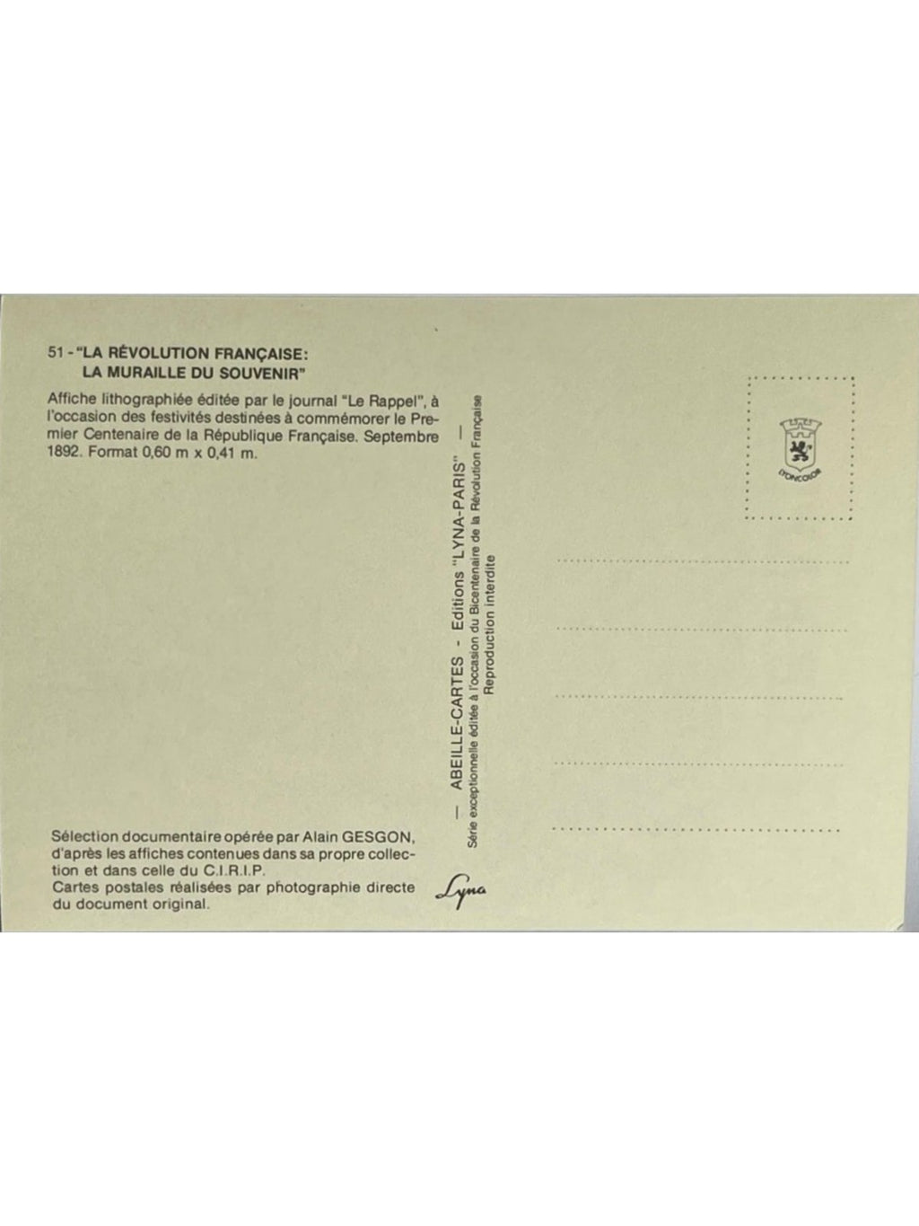 Verso de la carte postale