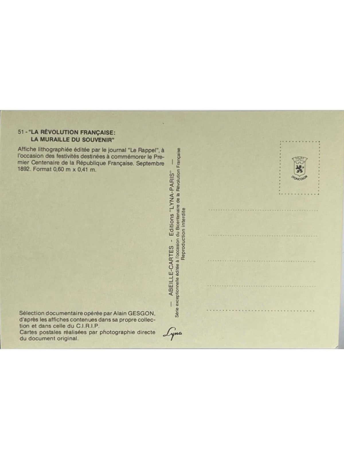 Verso de la carte postale