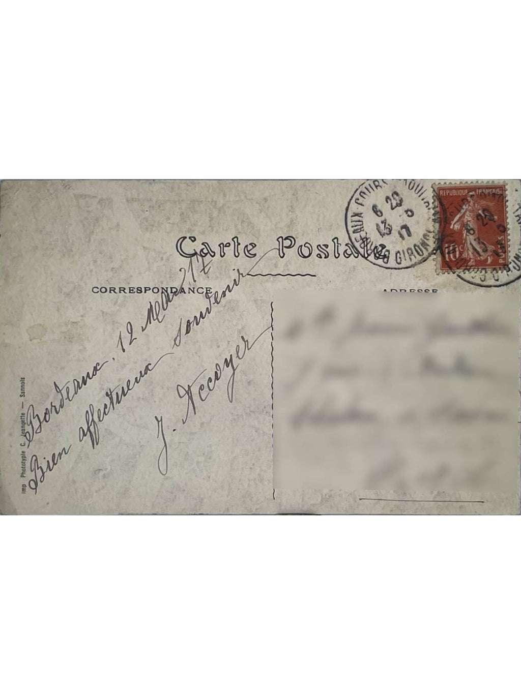 Verso de la carte postale