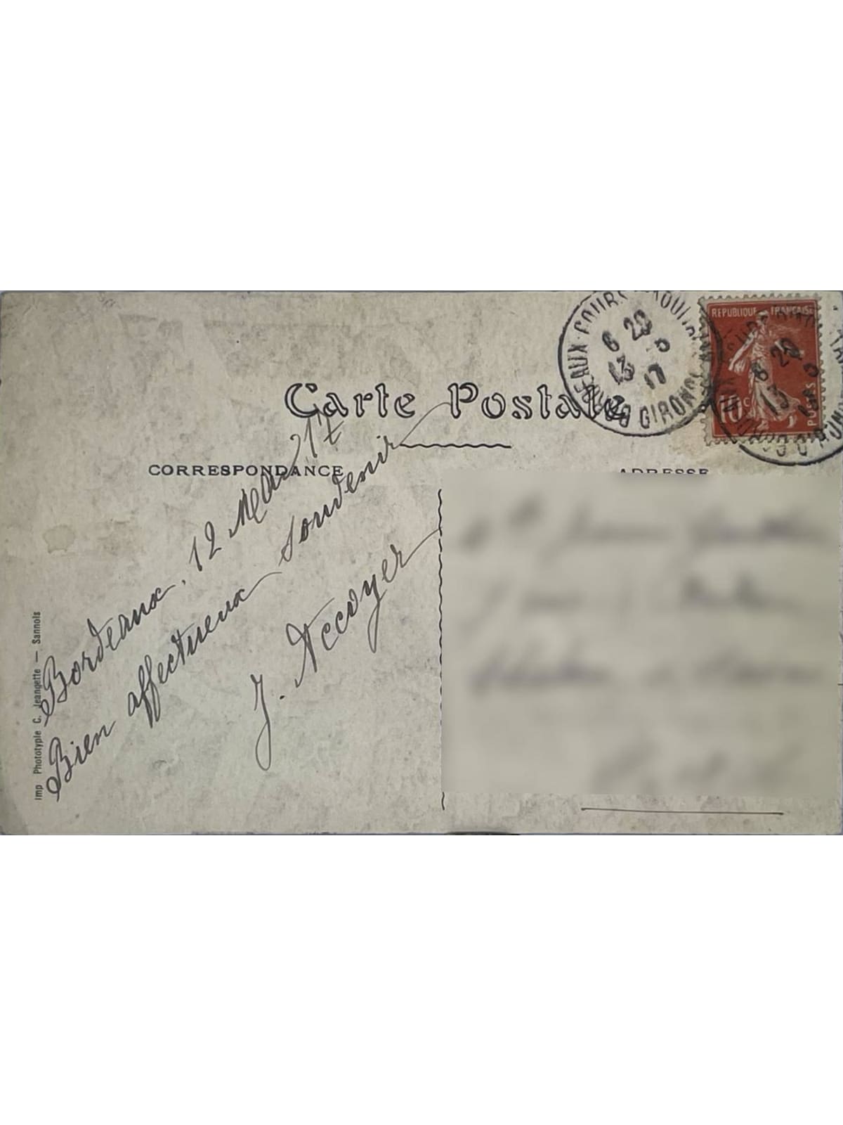 Verso de la carte postale