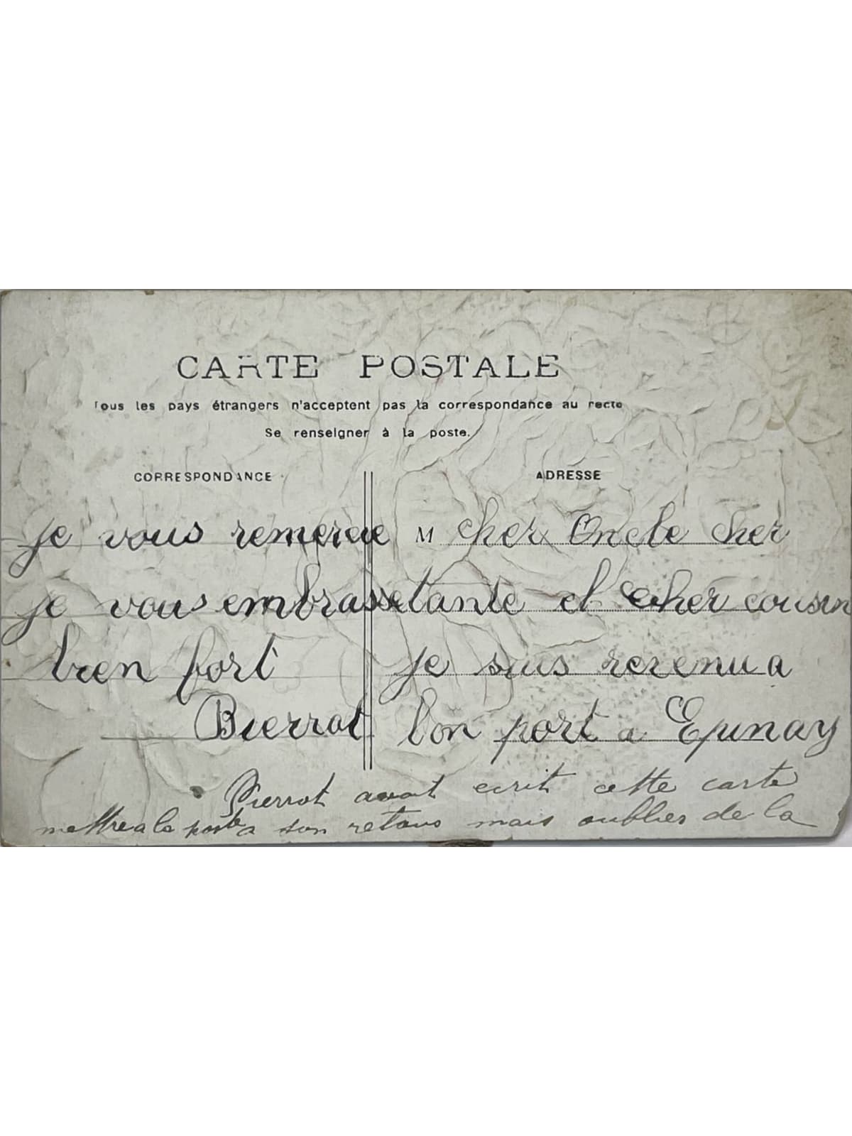 Verso de la carte postale