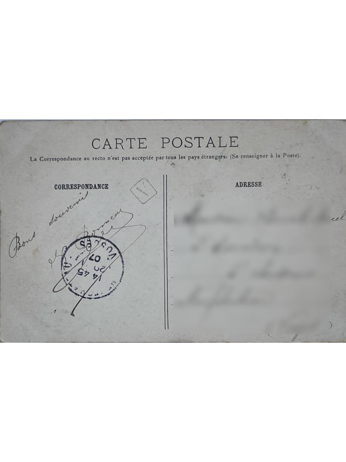 Verso de la carte postale