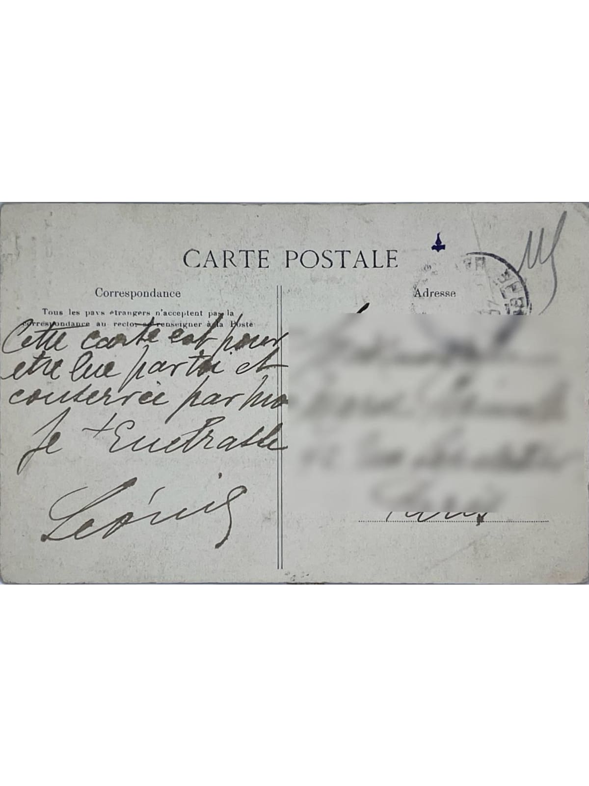 Verso de la carte postale