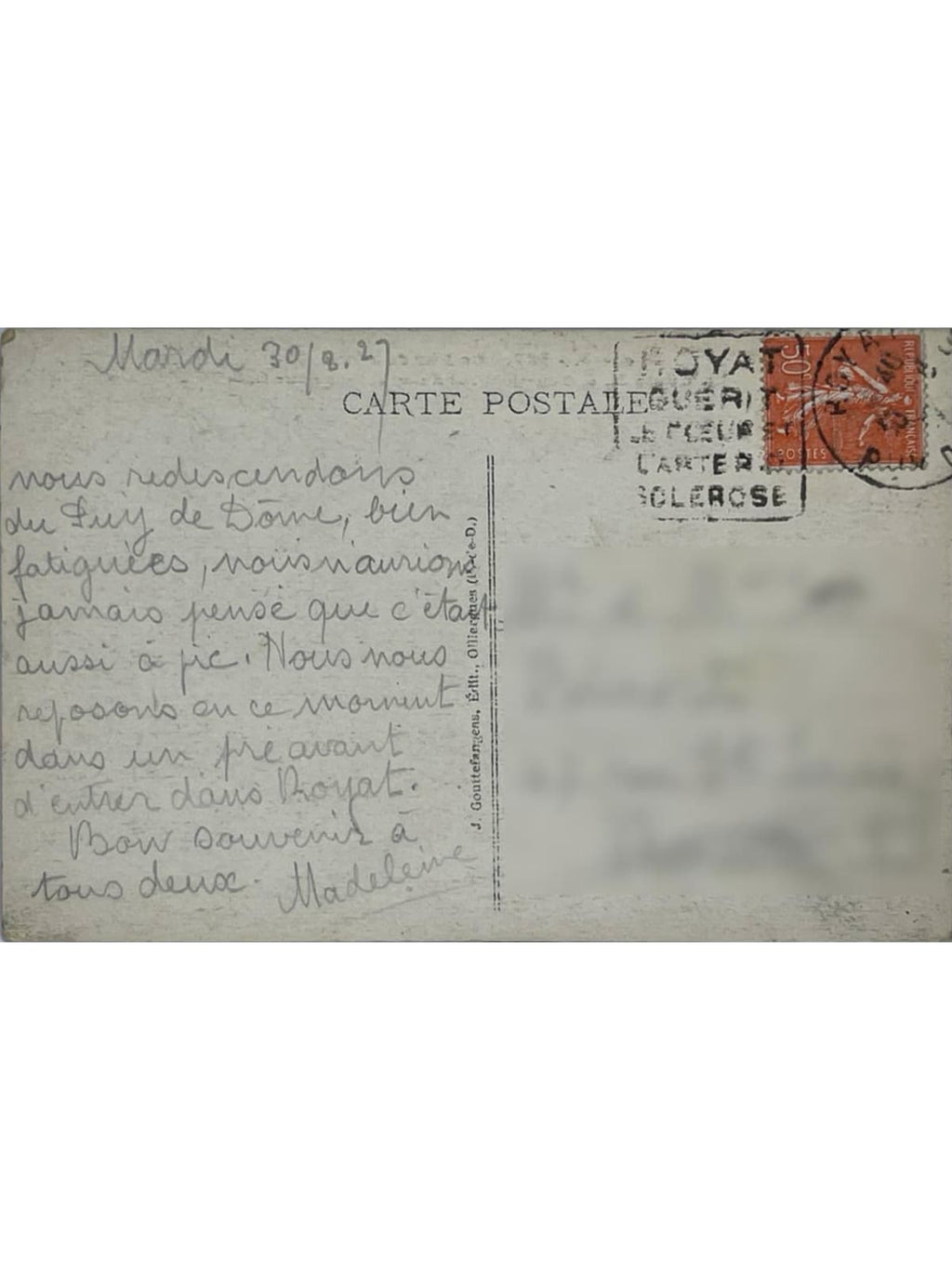 Verso de la carte postale
