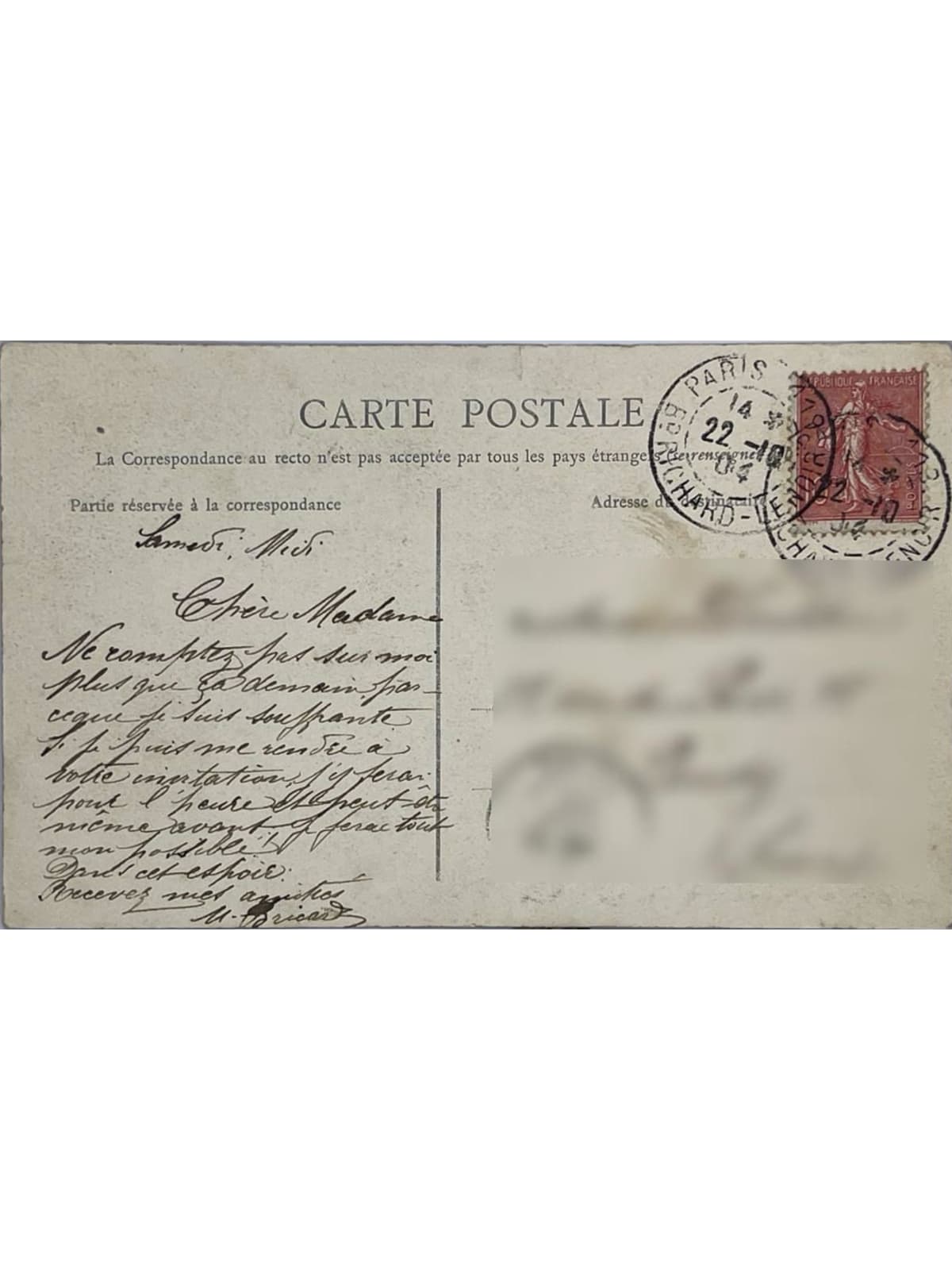 Verso de la carte postale