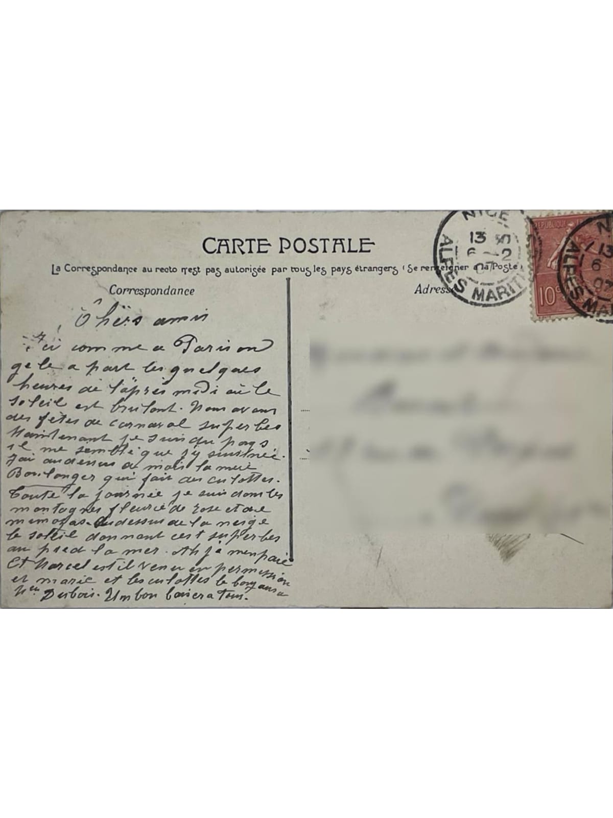 Verso de la carte postale