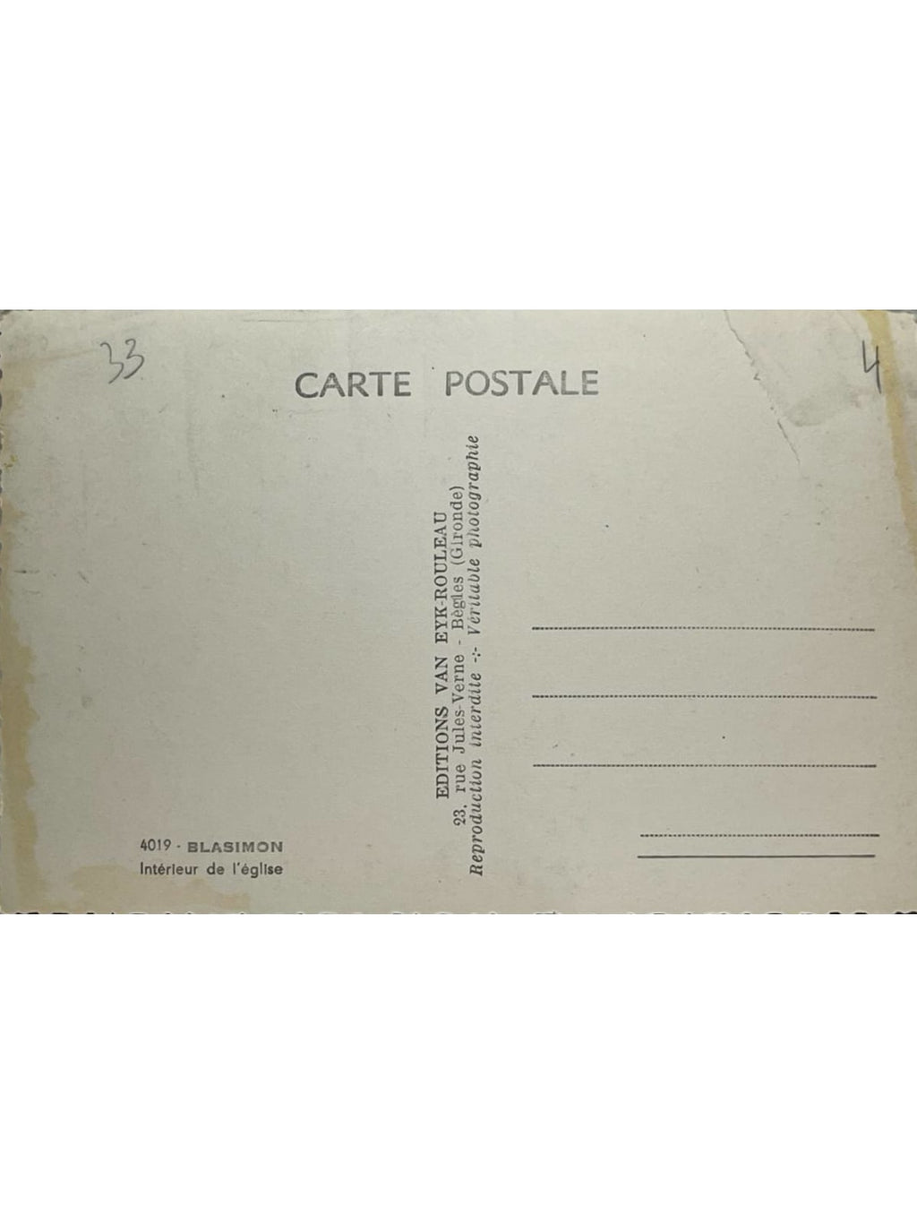 Verso de la carte postale
