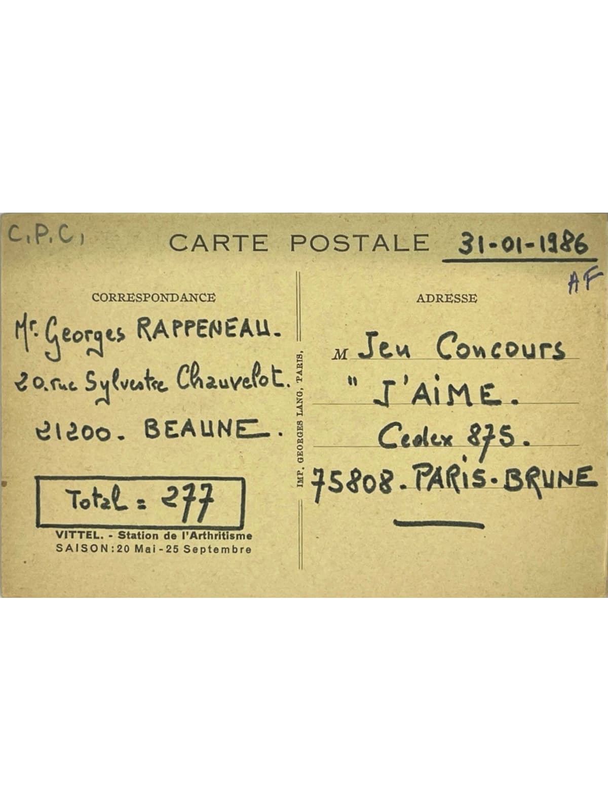 Verso de la carte postale