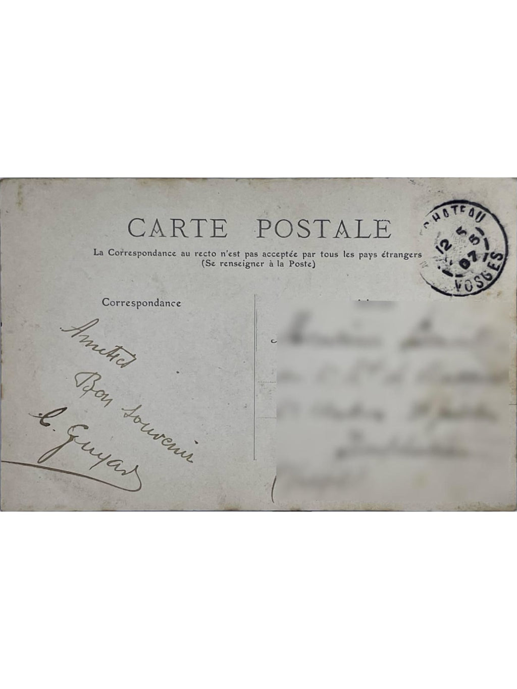 Verso de la carte postale