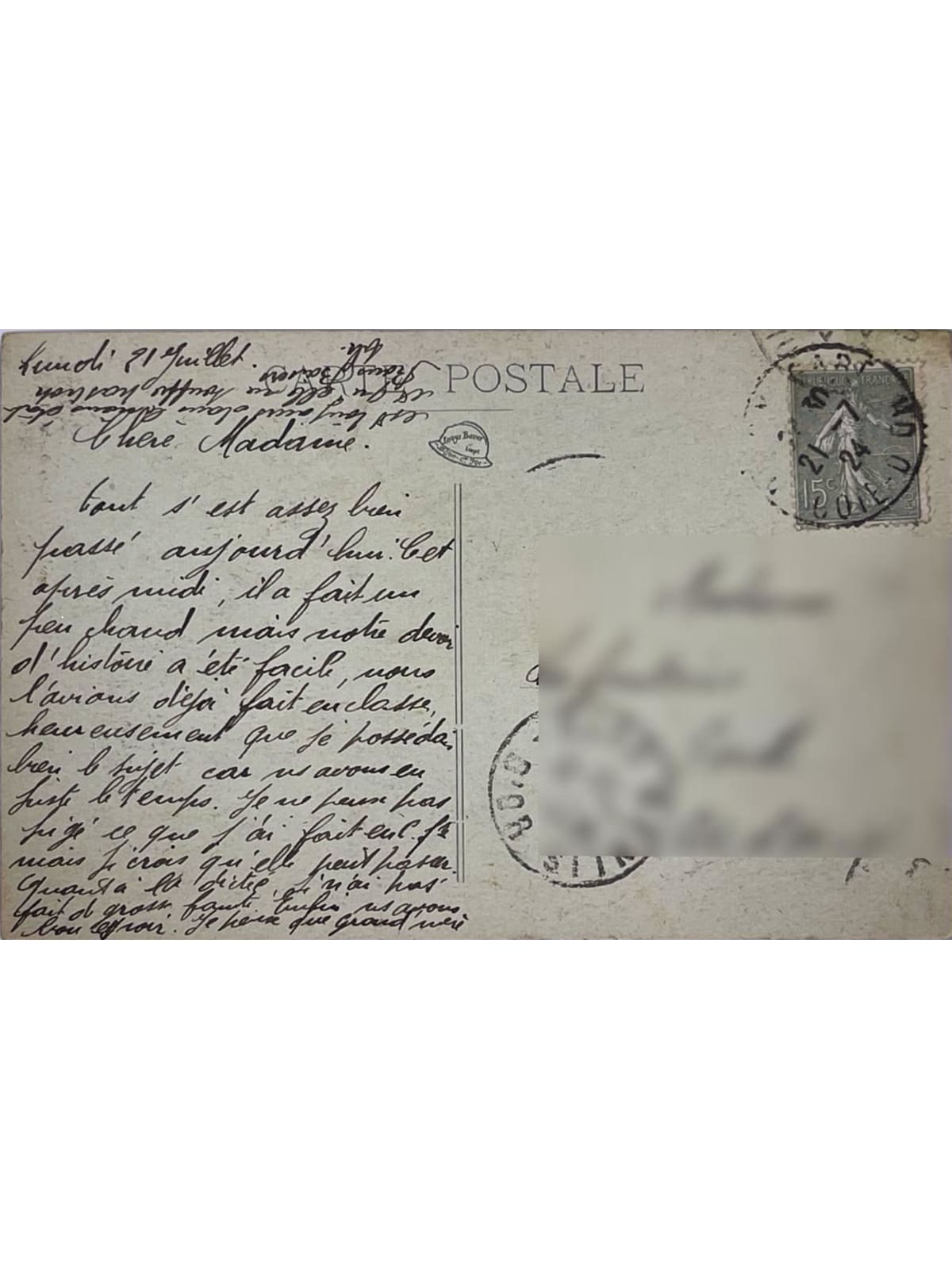 Verso de la carte postale
