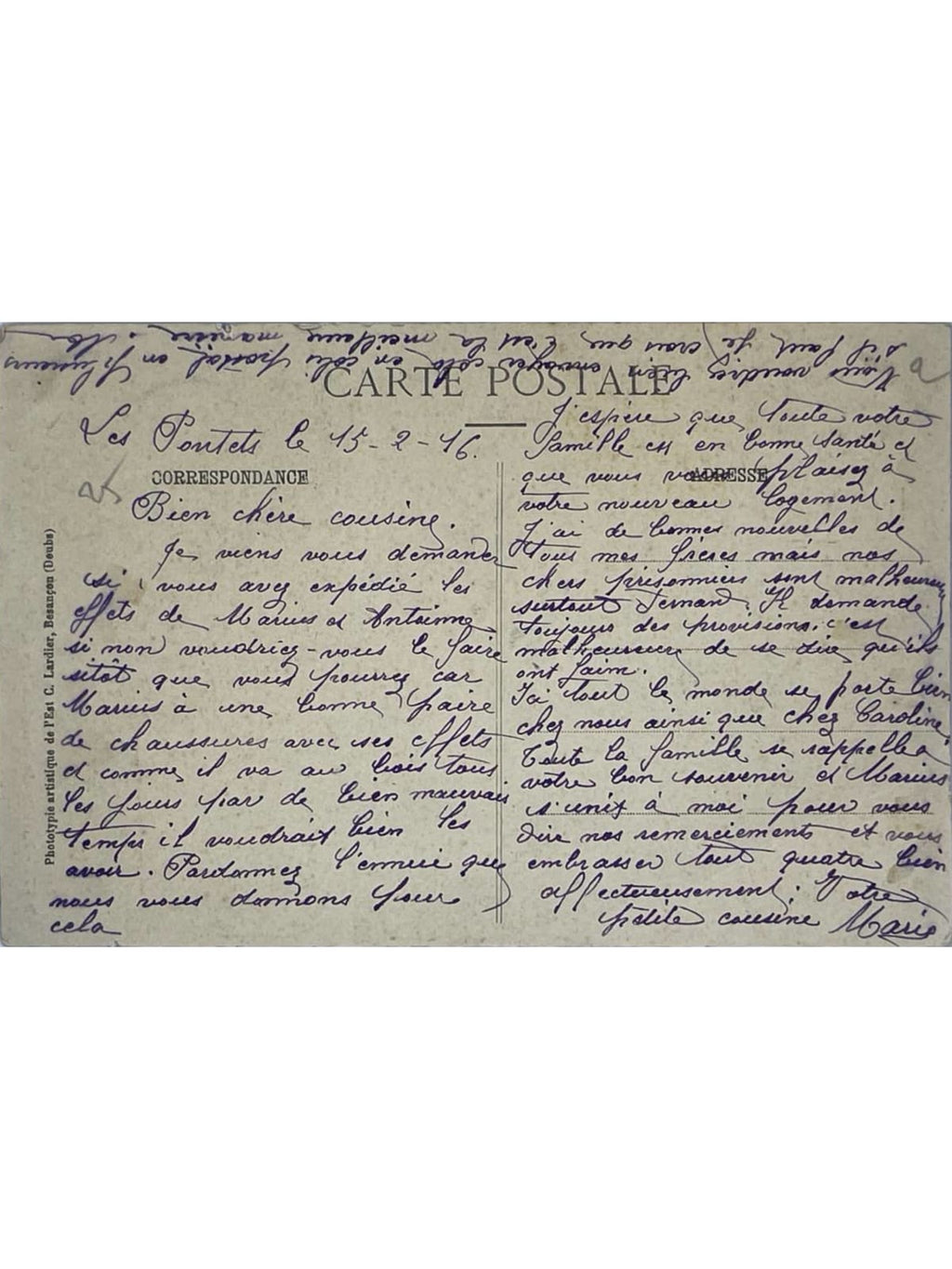 Verso de la carte postale