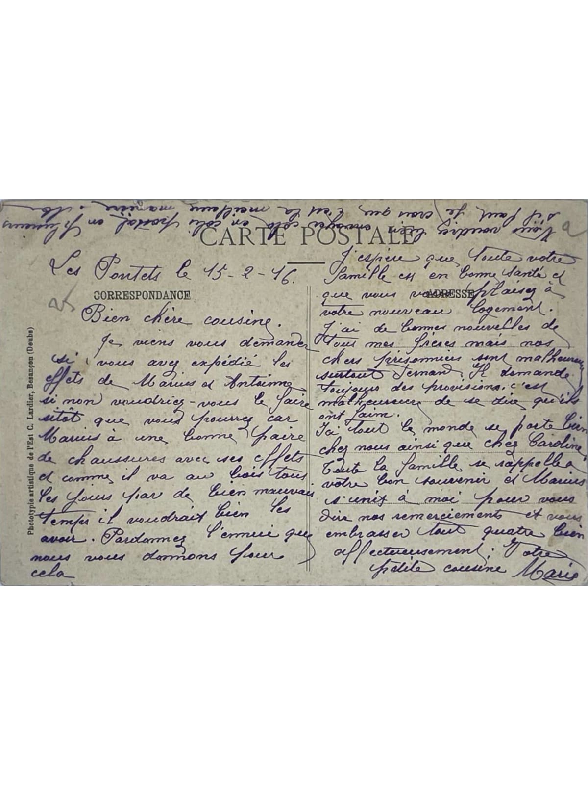 Verso de la carte postale