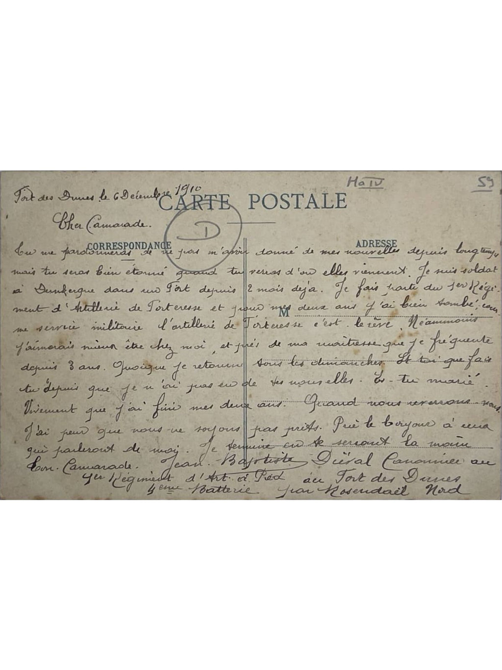 Verso de la carte postale