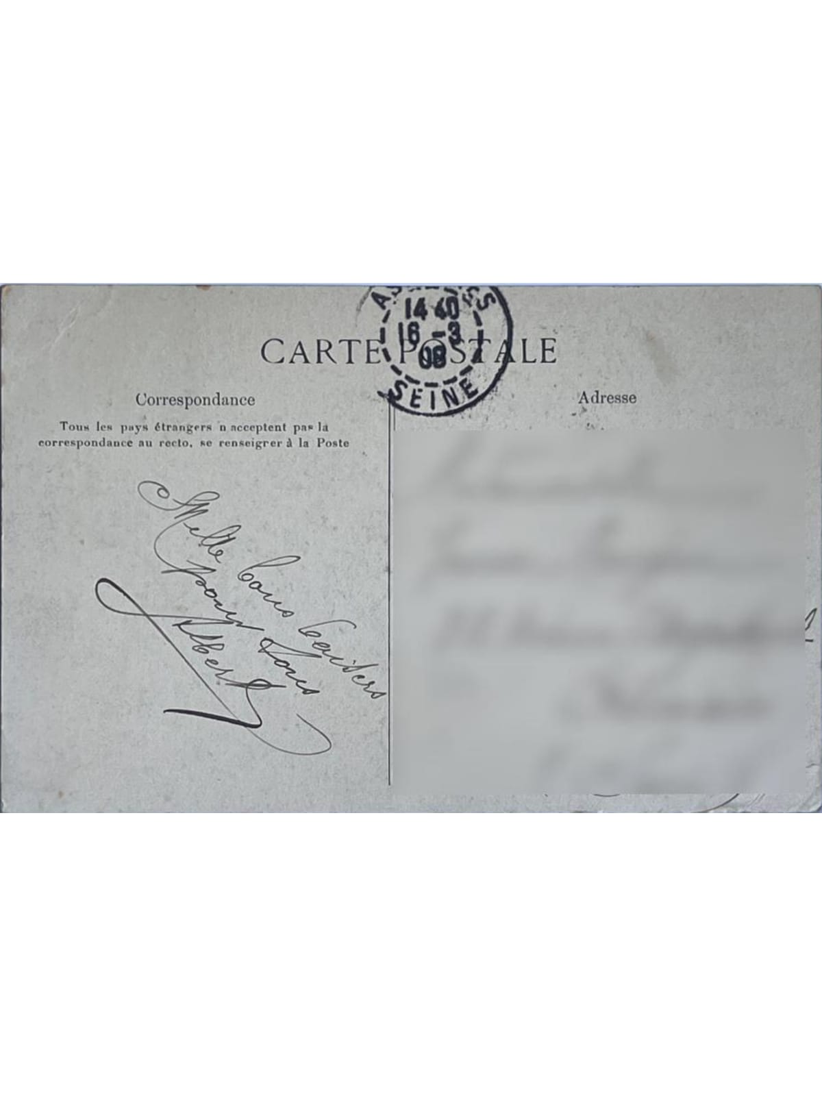 Verso de la carte postale