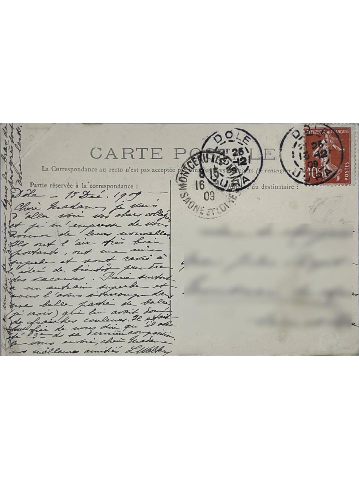 Verso de la carte postale